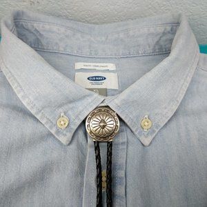 Silver Antique Bolo Tie w Genuine Leather Cord Wedding Necktie Western Necklace